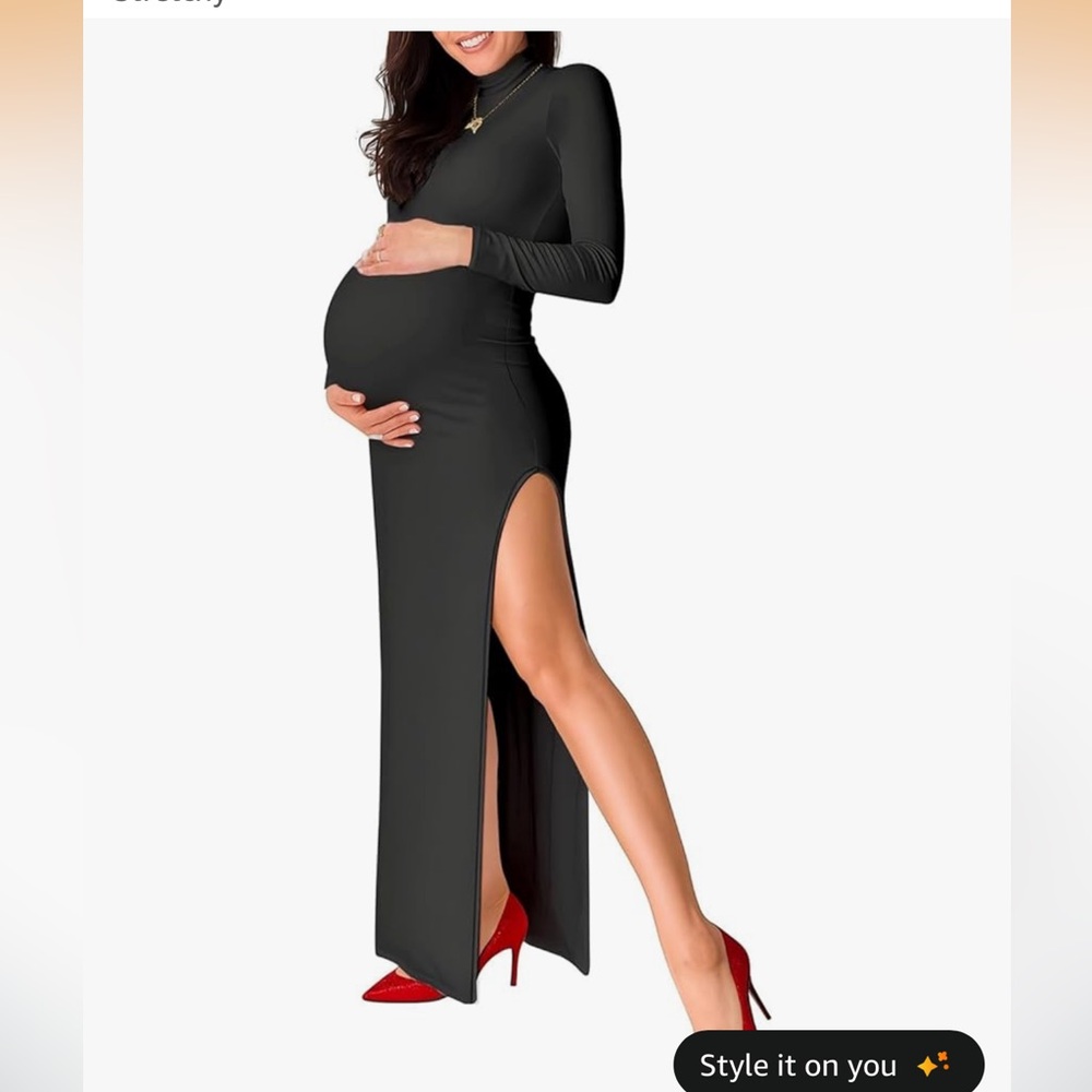 Long Sleeve Maternity Maxi Dress with High Side Slit - Black